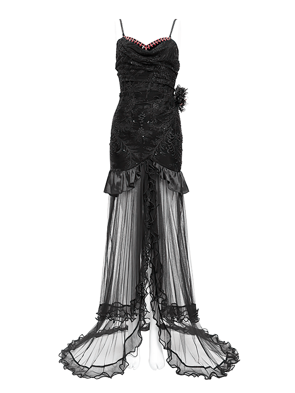 Gothic black velvet and sheer mesh high-low dress with intricate beadwork and ruffled train, perfect for dark romance.