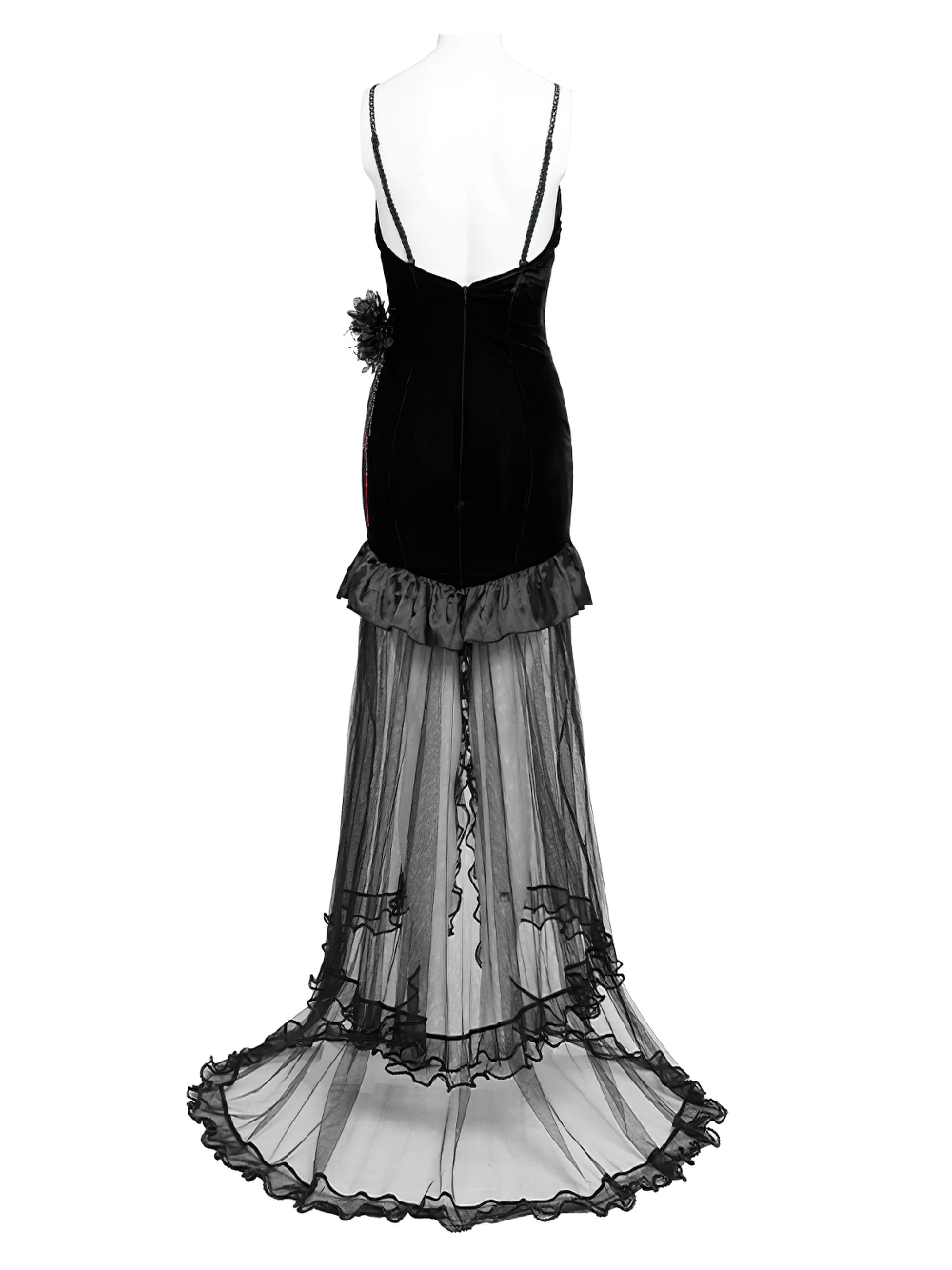 Gothic black velvet and sheer mesh high-low dress with ruffled hem and delicate train, perfect for evening events.