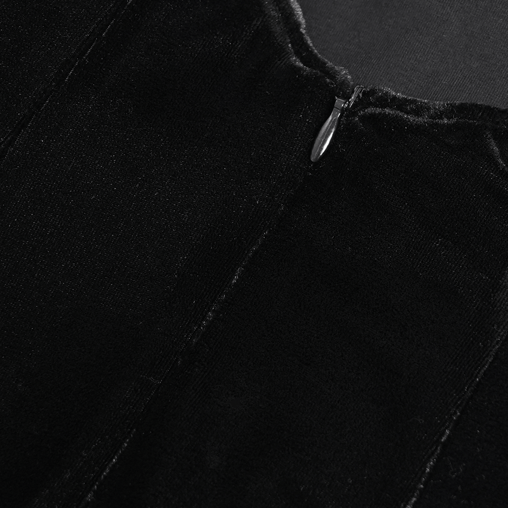 Close-up of elegant black velvet bodice with zipper detail for gothic high-low evening gown.