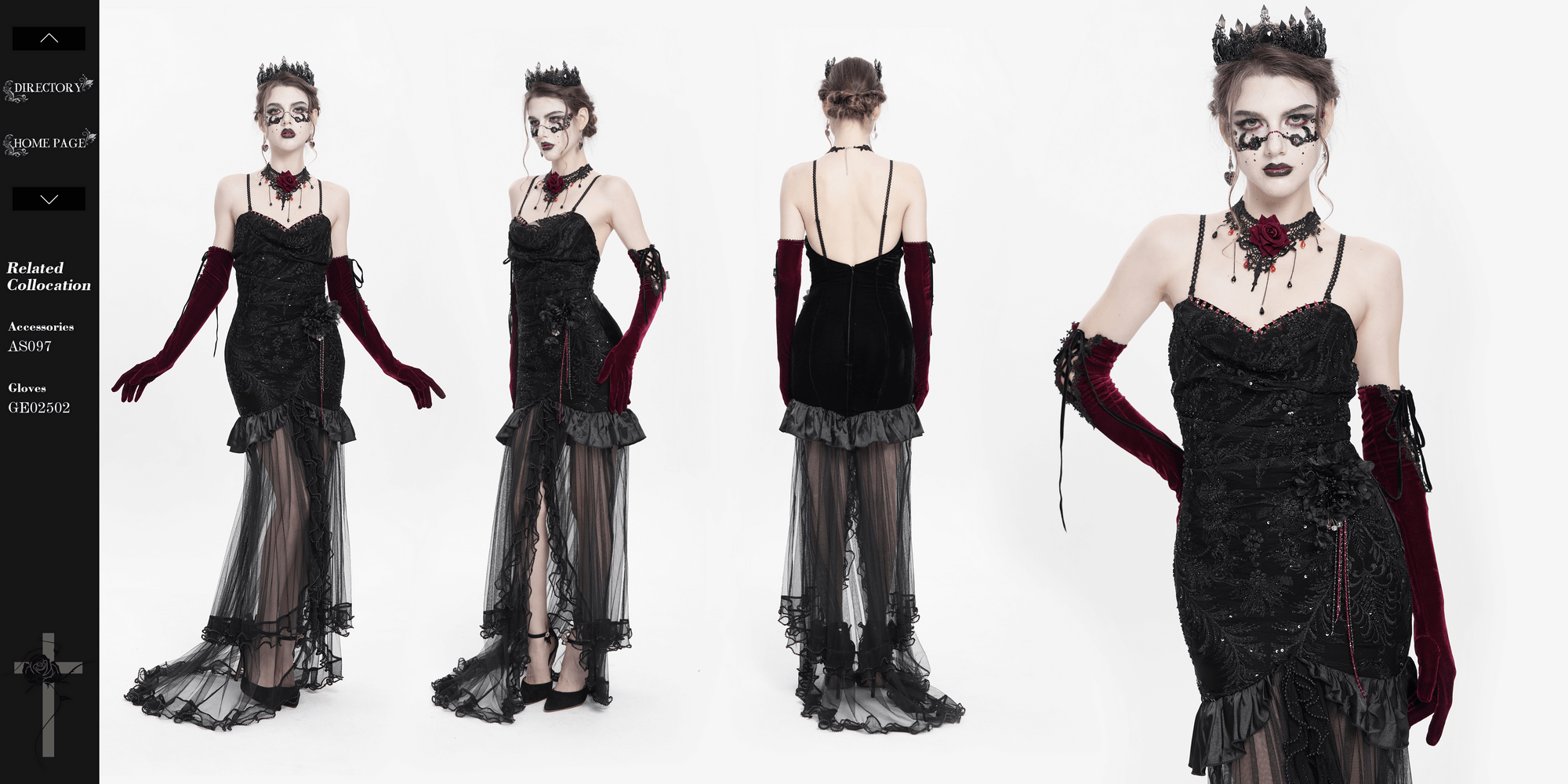 Gothic black velvet and sheer mesh high-low dress with beaded train, perfect for evening events and dark romance.