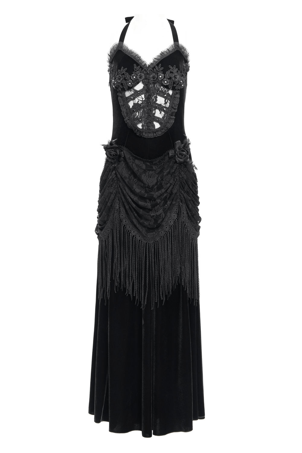 Gothic black velvet dress with lace details, fringe accents, and Victorian-inspired halter neck design.