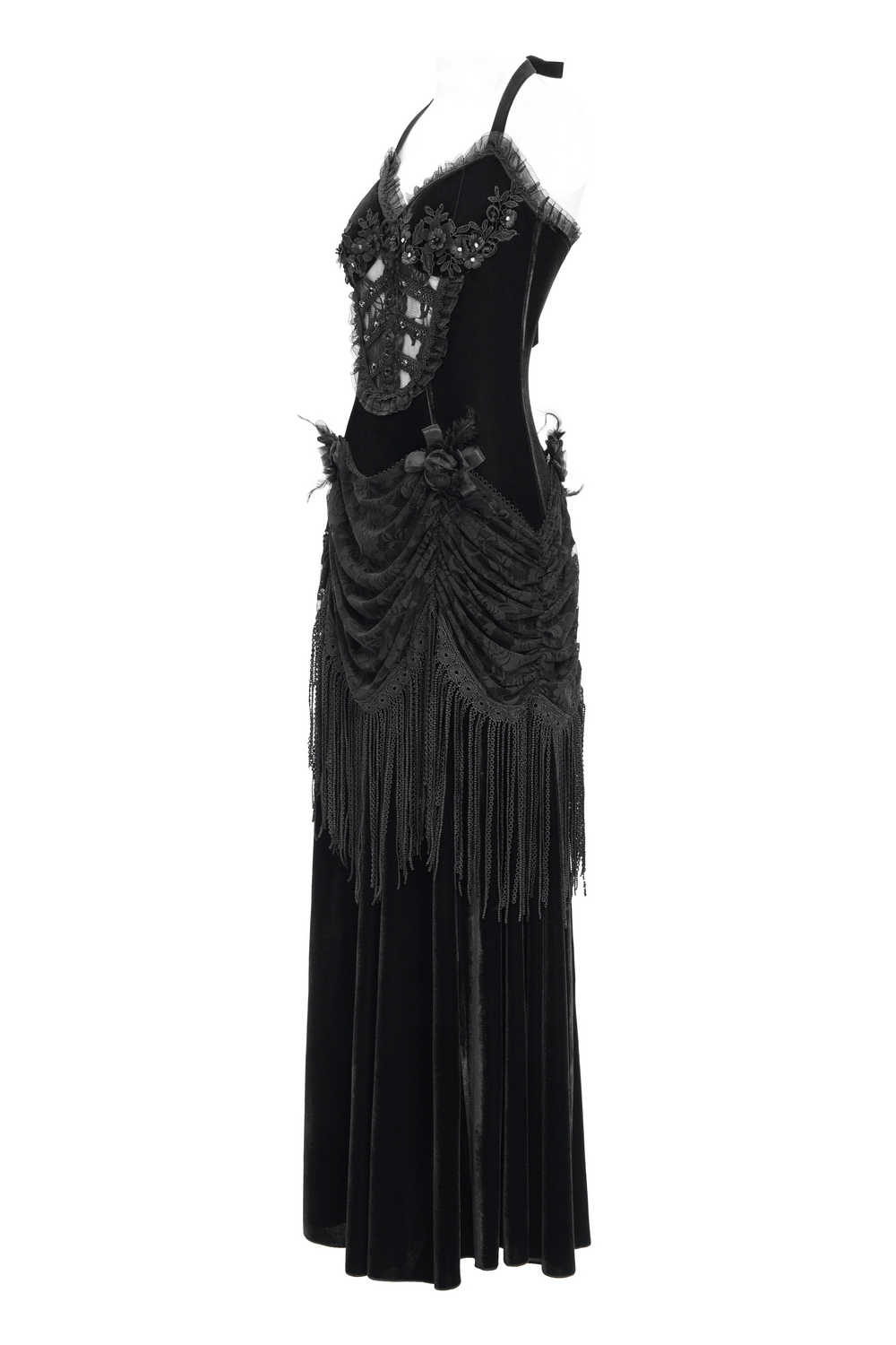 Gothic black velvet dress with lace, fringe, and floral accents, perfect for Victorian-inspired events.