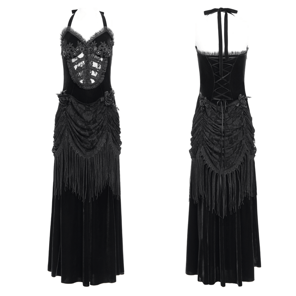 Gothic black velvet dress featuring lace, fringe, and corset back, inspired by Victorian elegance.