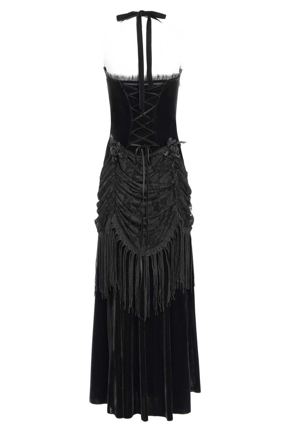 Gothic black velvet dress with lace-up back, intricate lace, and dramatic fringe details for Victorian-inspired elegance.