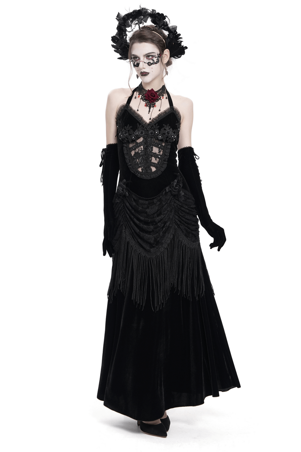 Gothic black velvet dress with lace, fringe, and a corset back. Perfect for evening wear or cosplay.