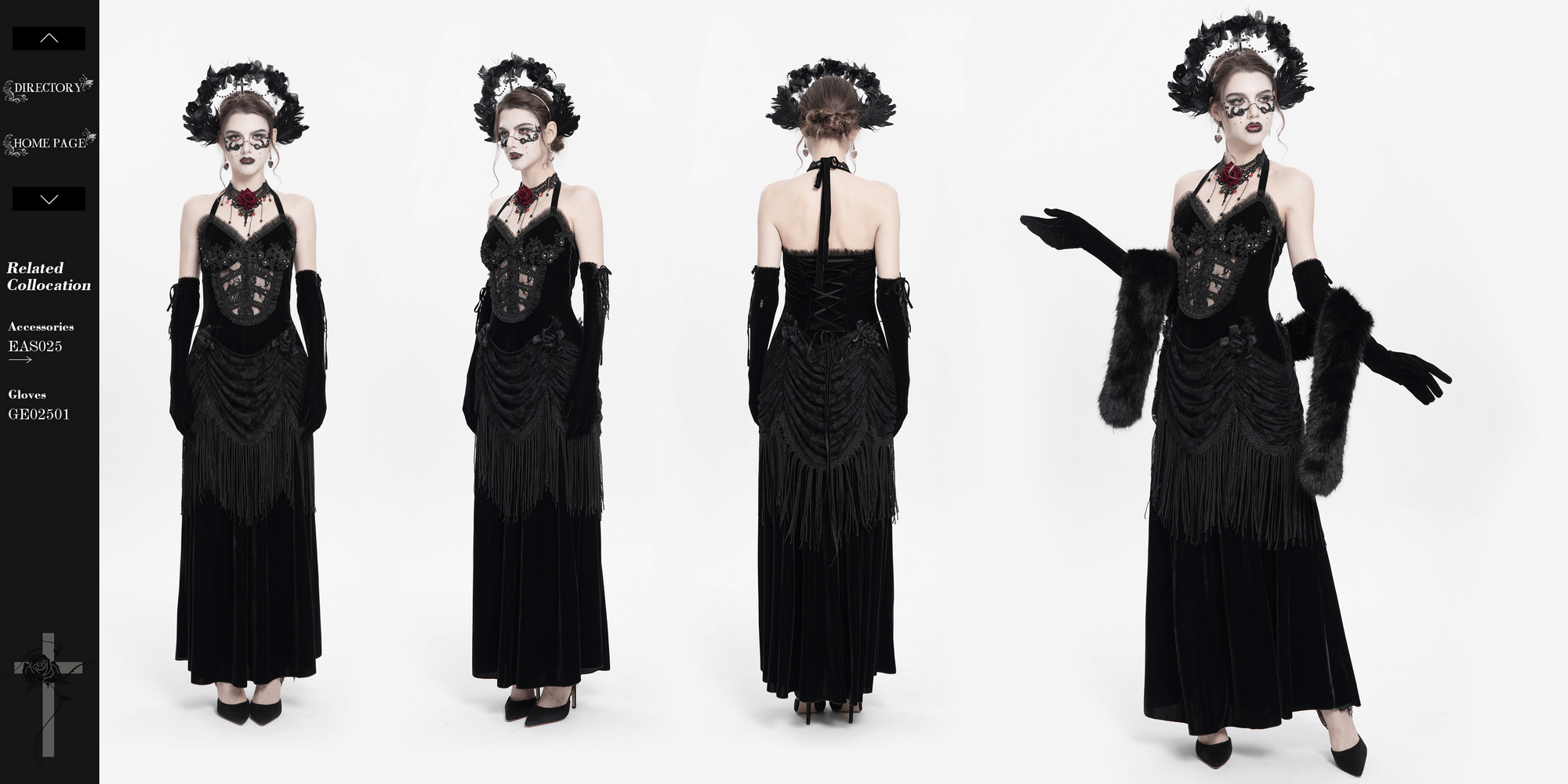 Elegant gothic black velvet dress with lace and fringe, perfect for Victorian-inspired looks and dramatic evening events.