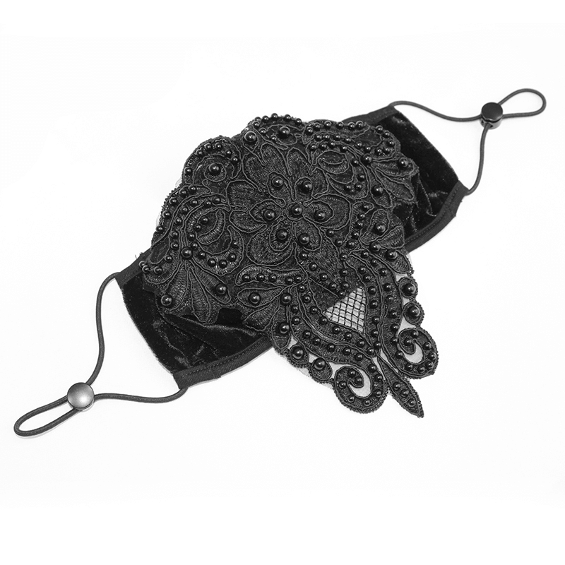 Black velvet women's face mask with elegant lace applique and adjustable straps, perfect for gothic fashion.