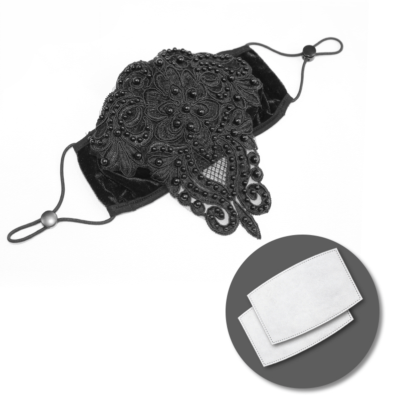 Gothic black velvet face mask with lace applique and adjustable straps, stylish accessory for elegant outfits.