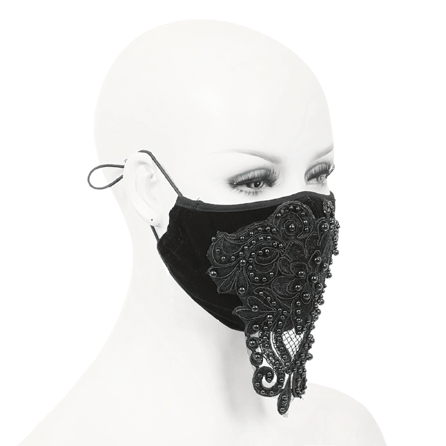 Gothic black velvet face mask with lace applique and adjustable straps, stylish women's accessory for elegant outfits.