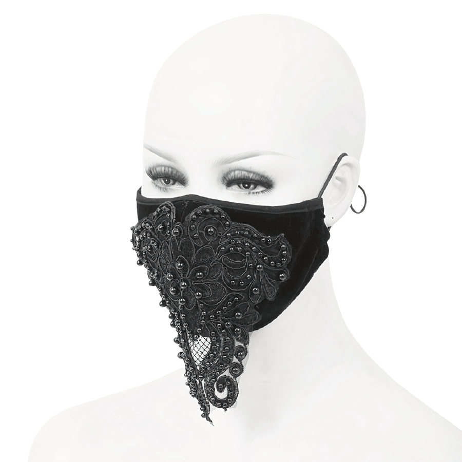 Gothic black velvet face mask with lace applique, stylish women's accessory for a chic, elegant look.