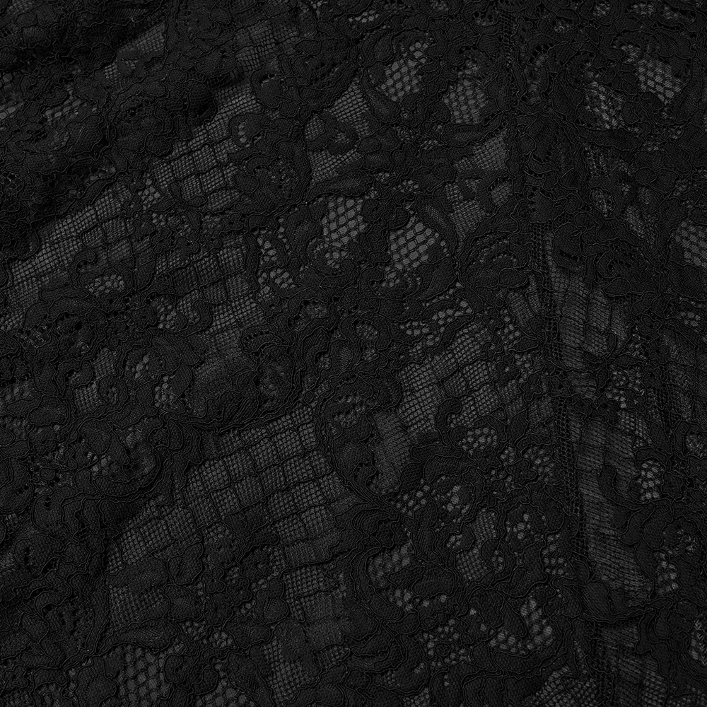 Gothic Black Velvet Fishtail Skirt with Lace Detail close-up of intricate black lace fabric.