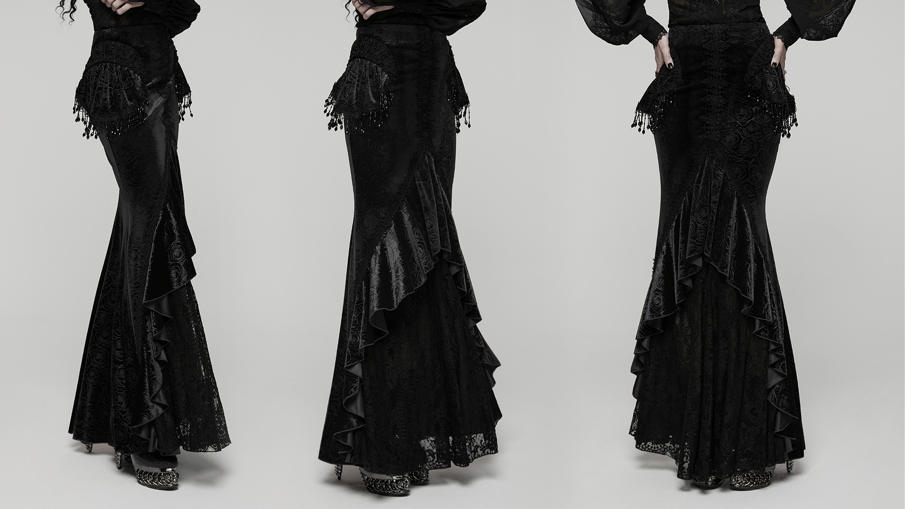 Gothic Black Velvet Fishtail Skirt with Lace Detail showcasing a dramatic fishtail hem and elegant tassel accents.