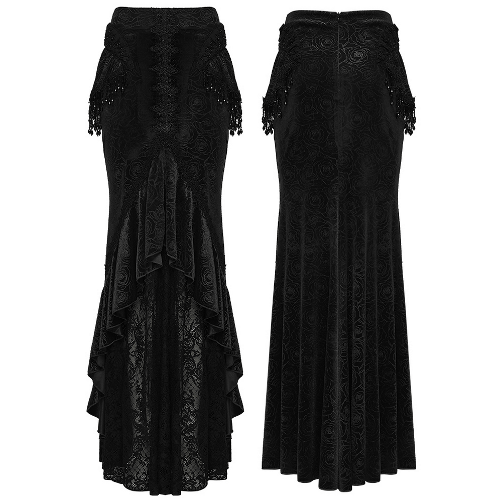 Gothic Black Velvet Fishtail Skirt with Lace Detail showcasing intricate lace and tassel accents from the front and back.