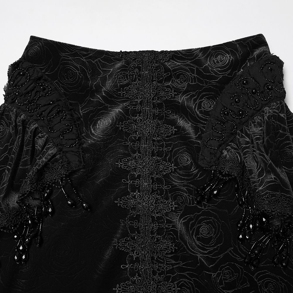 Gothic Black Velvet Fishtail Skirt with Lace Detail showcasing intricate lace and tassel accents.
