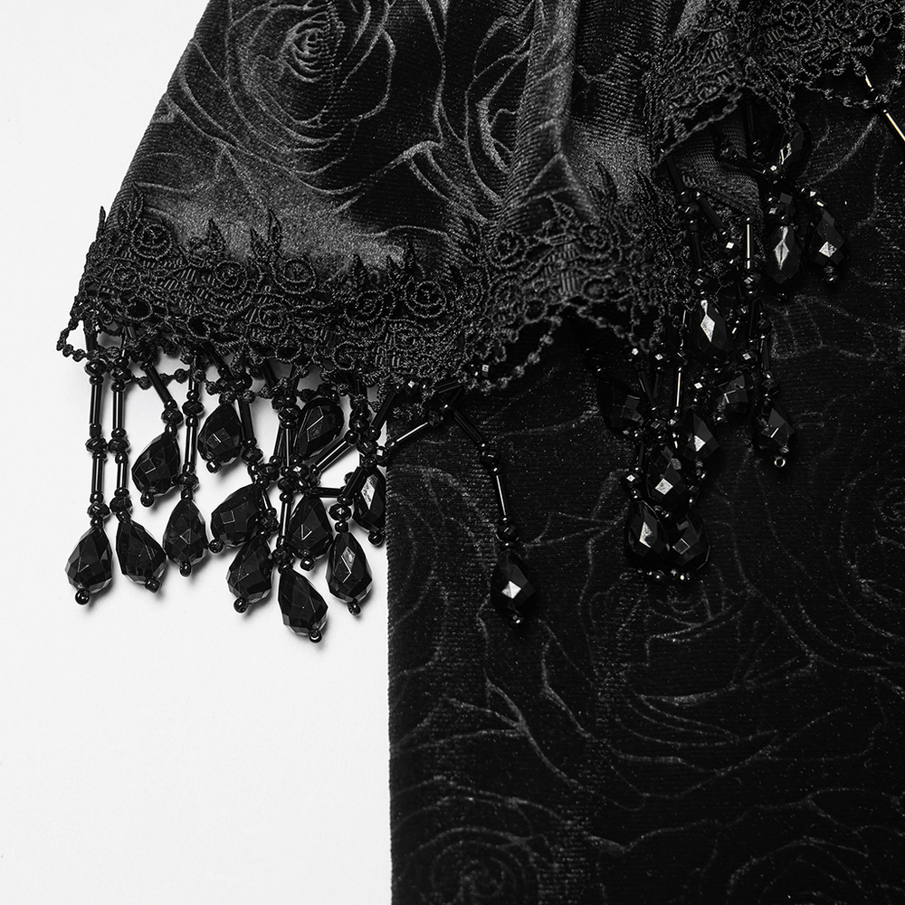 Gothic Black Velvet Fishtail Skirt with Lace Detail showing intricate lace and tassel accents.