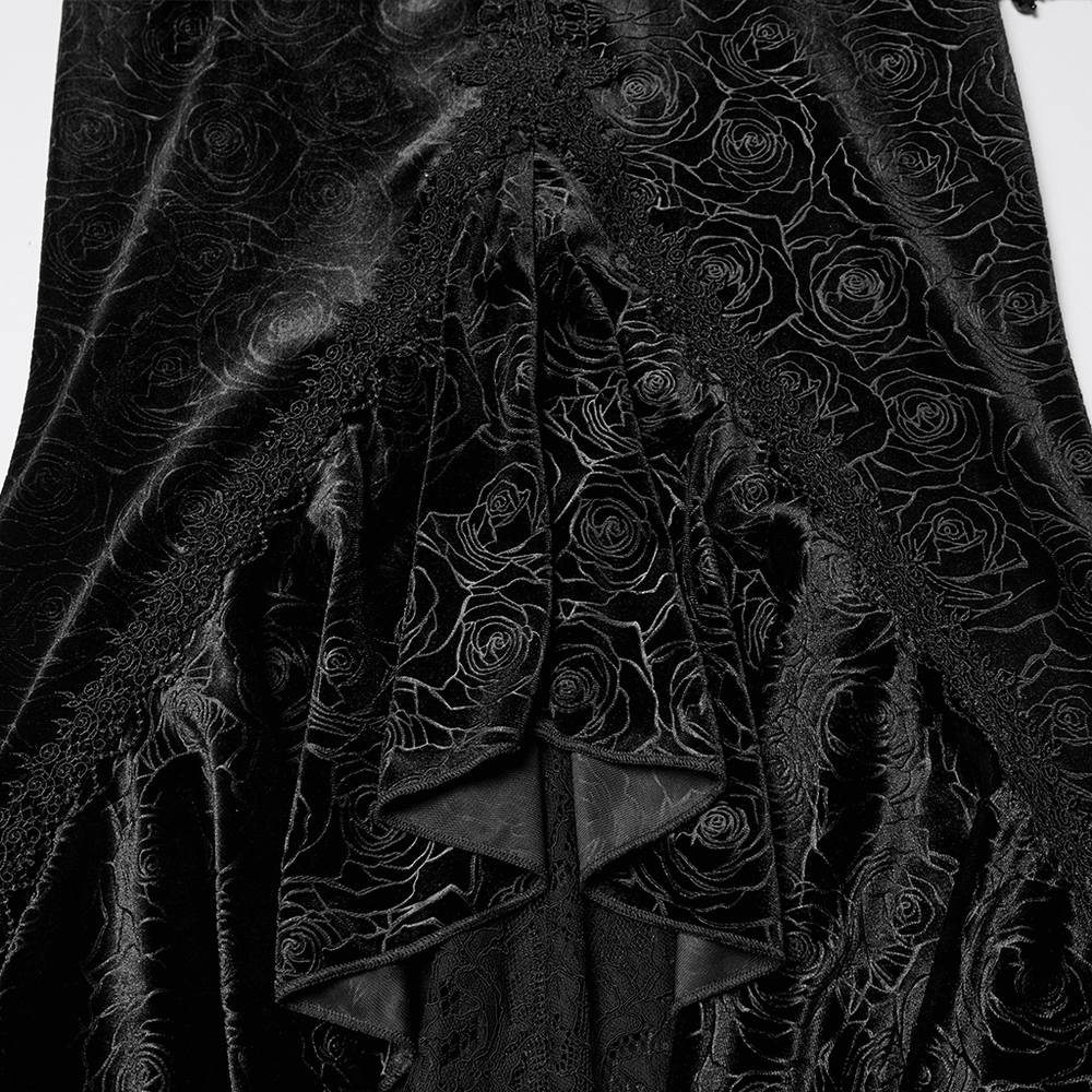 Gothic Black Velvet Fishtail Skirt with Lace Detail showcasing intricate rose pattern and flowing tassel bead chains.
