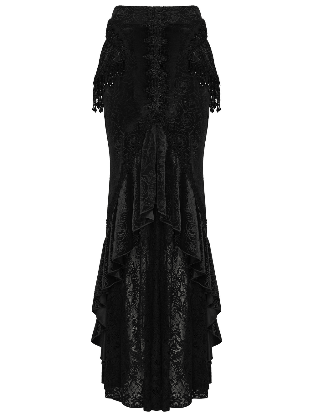 Gothic Black Velvet Fishtail Skirt with Lace Detail showcasing high-low hem and tassel accents.