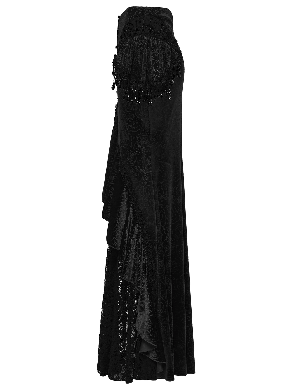 Gothic Black Velvet Fishtail Skirt with Lace Detail showcasing side view, elegant silhouette with tassel accents.