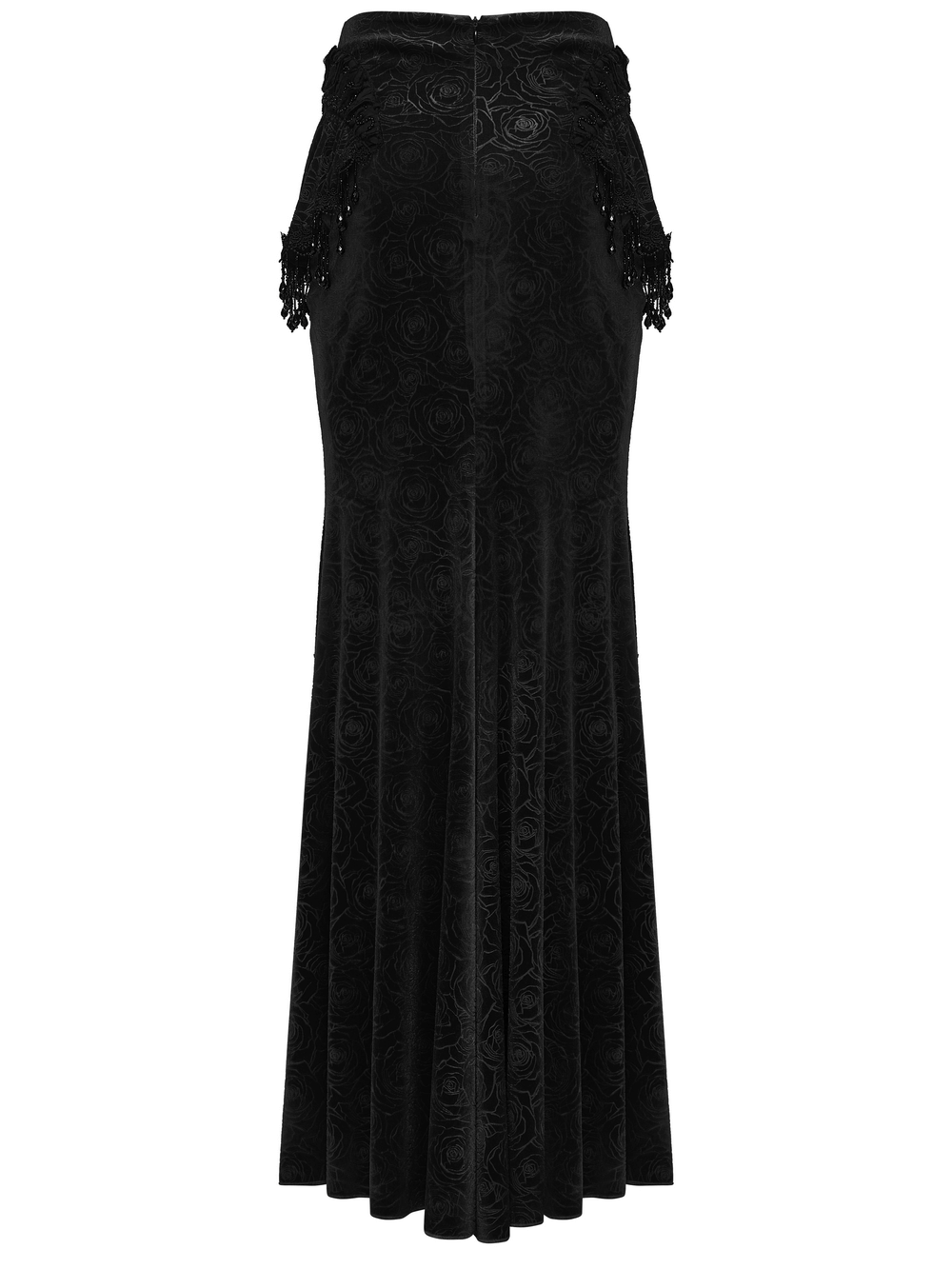 Gothic Black Velvet Fishtail Skirt with Lace Detail showcasing tassel accents and high-low hem design.