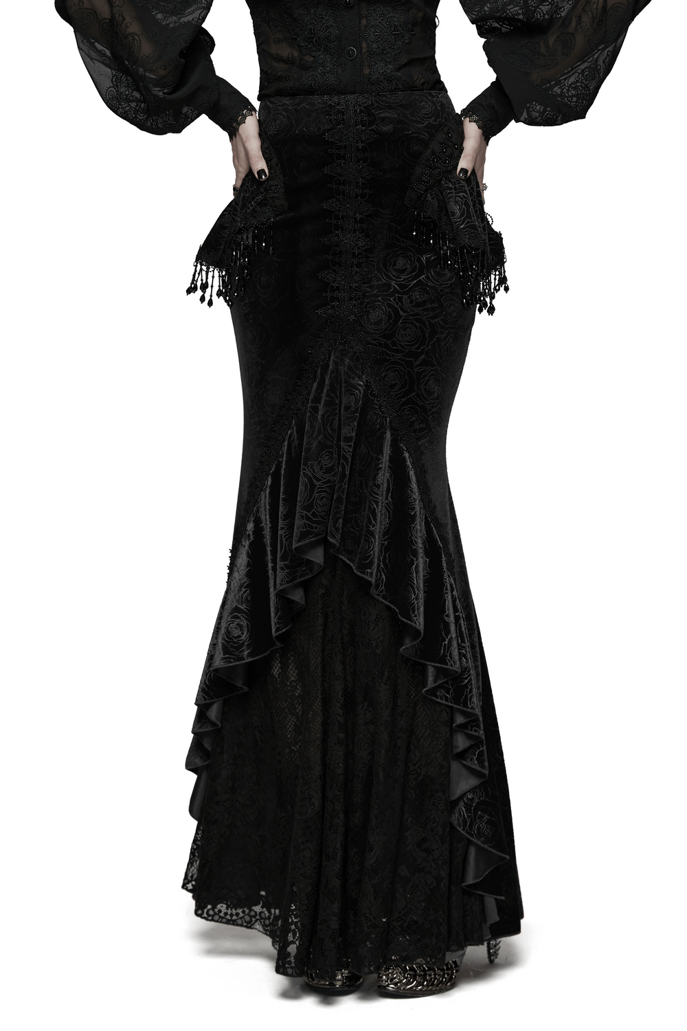 Gothic Black Velvet Fishtail Skirt with Lace Detail featuring tassel accents and dramatic high-low hemline.