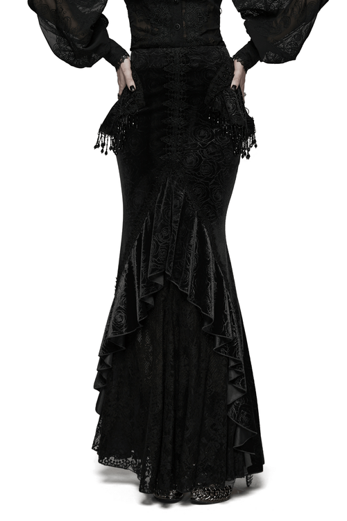 Gothic Black Velvet Fishtail Skirt with Lace Detail