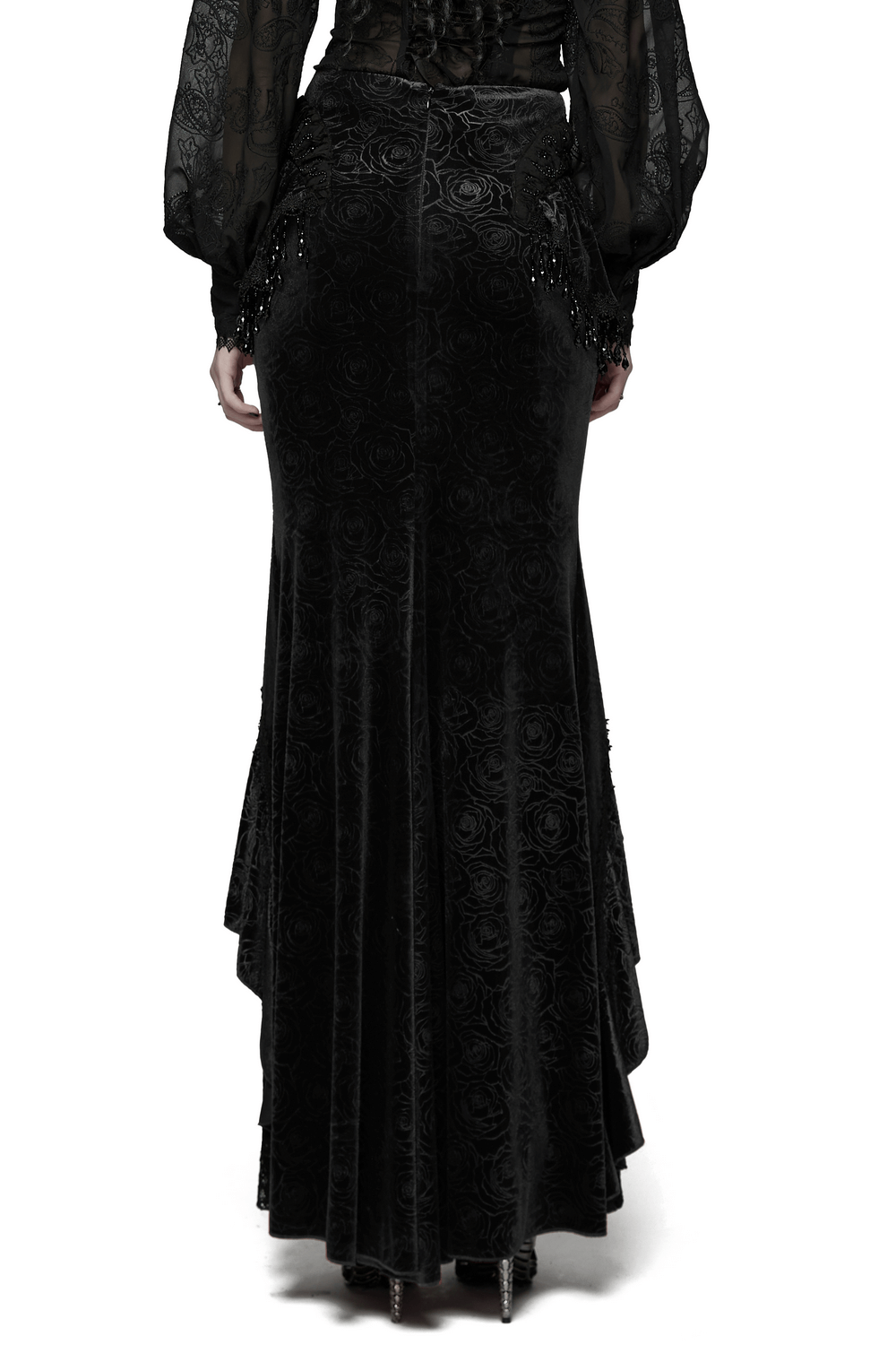 Gothic Black Velvet Fishtail Skirt with Lace Detail showcasing the luxurious back view and elegant silhouette.