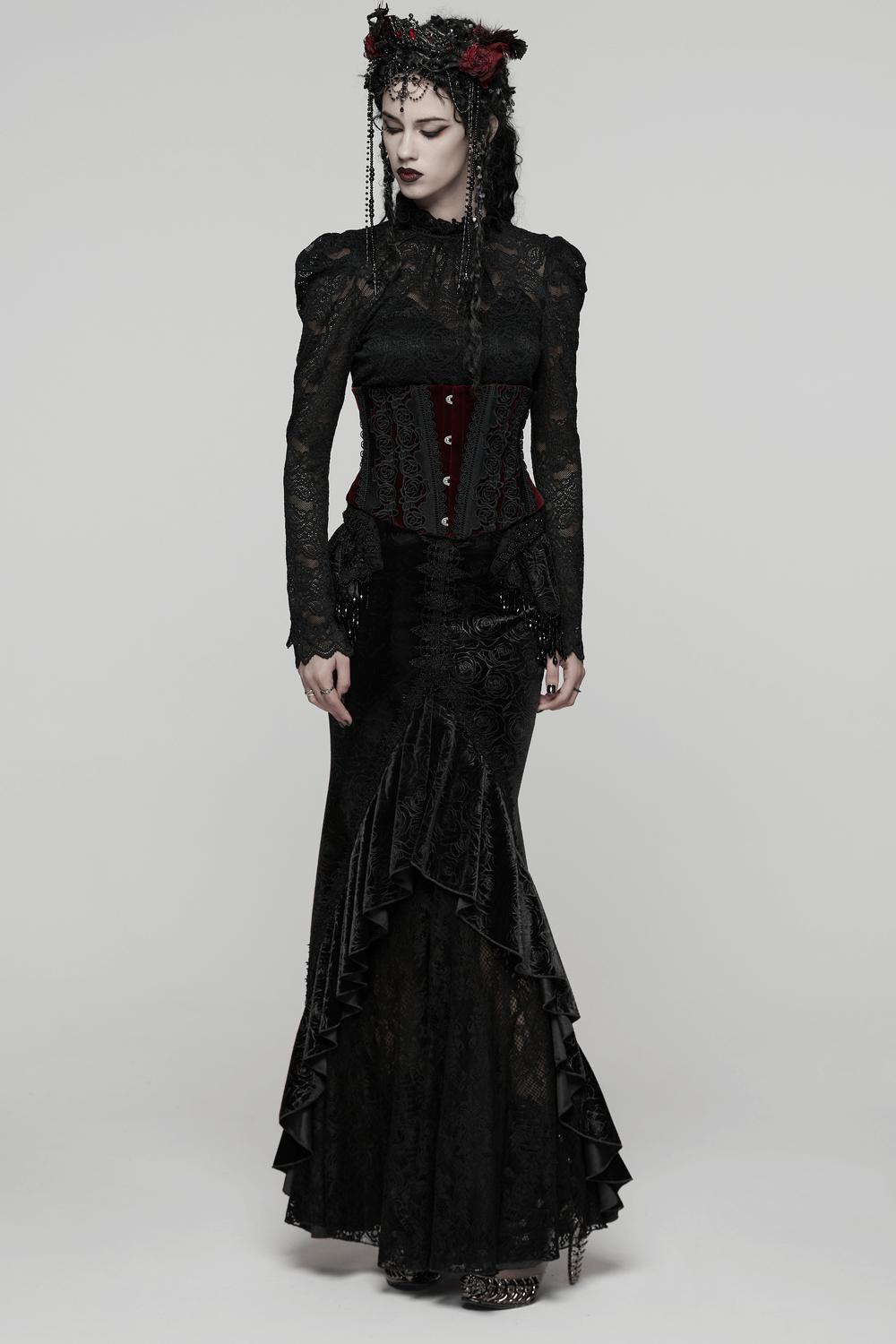 Gothic Black Velvet Fishtail Skirt with Lace Detail paired with a dramatic lace top and corset for a striking dark look.