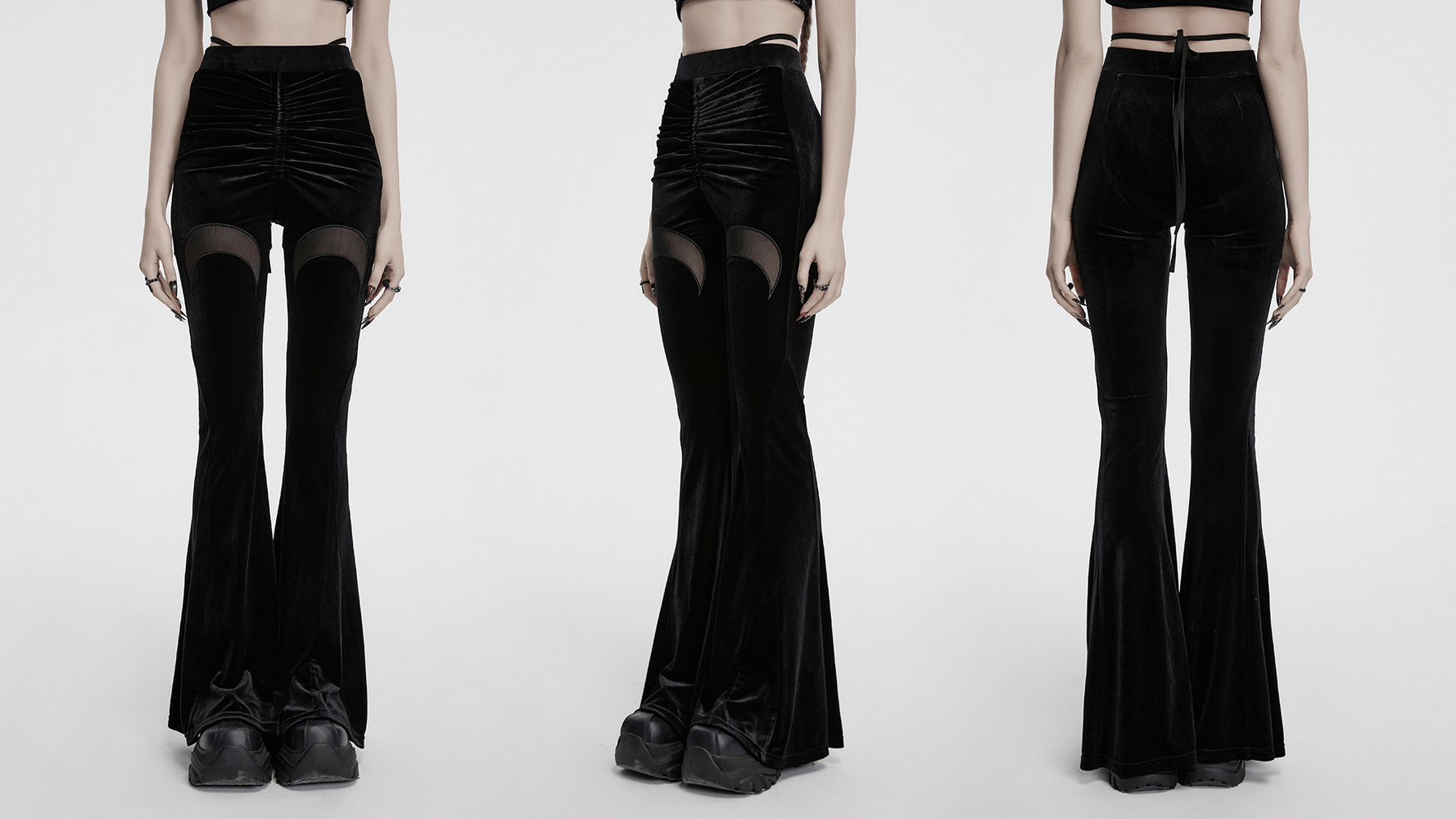 Gothic black velvet flared pants with mesh cutouts and ruched front, perfect for alternative fashion styling.