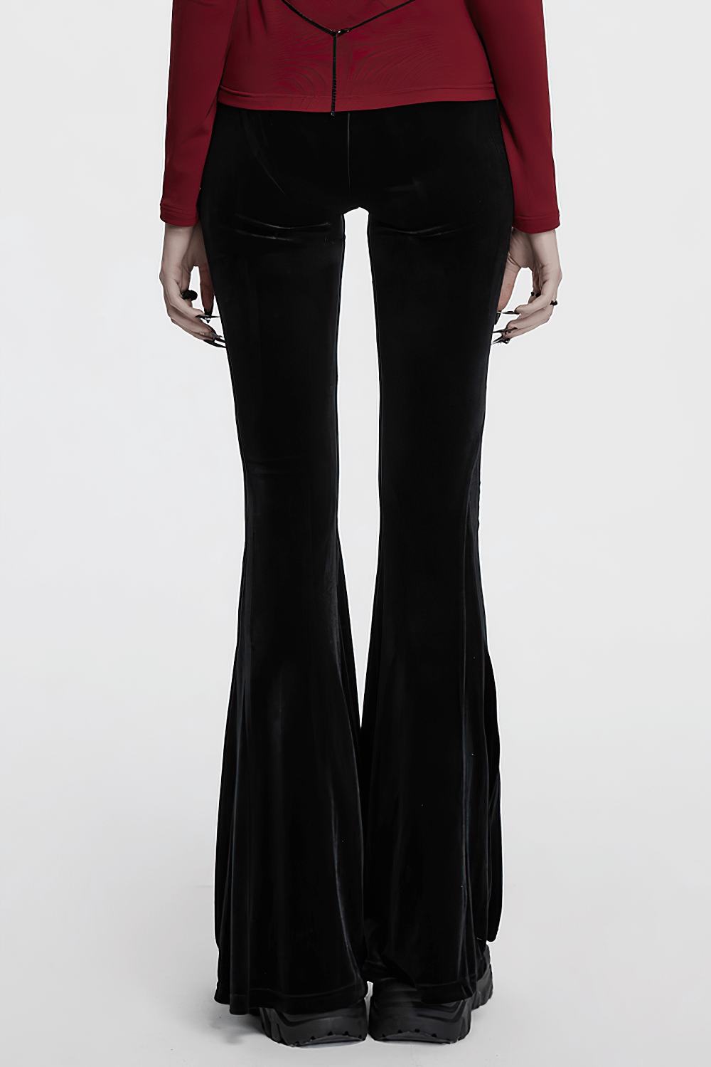 Gothic black velvet flared pants with mesh cutouts and ruched front, perfect for alternative outfits or club nights.