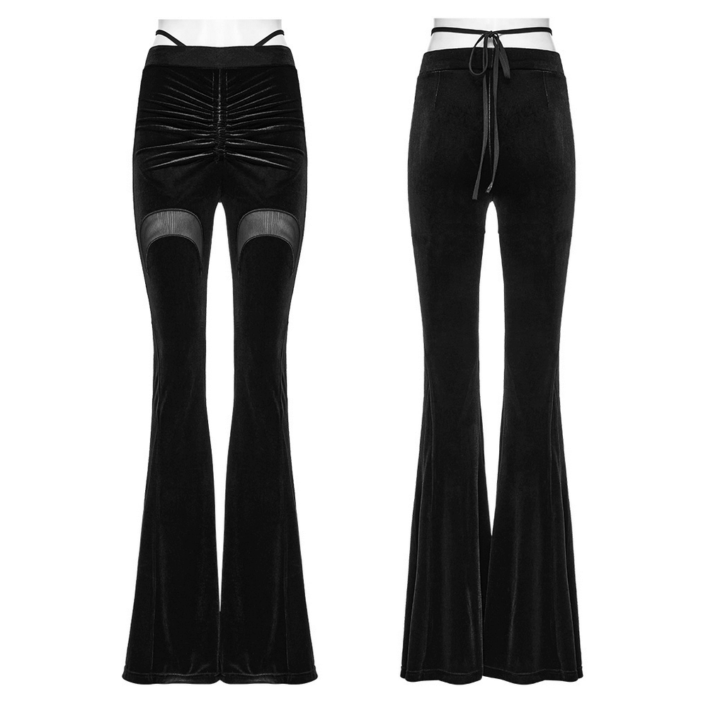 Gothic black velvet flared pants with mesh cutouts and ruched front for alternative streetwear.