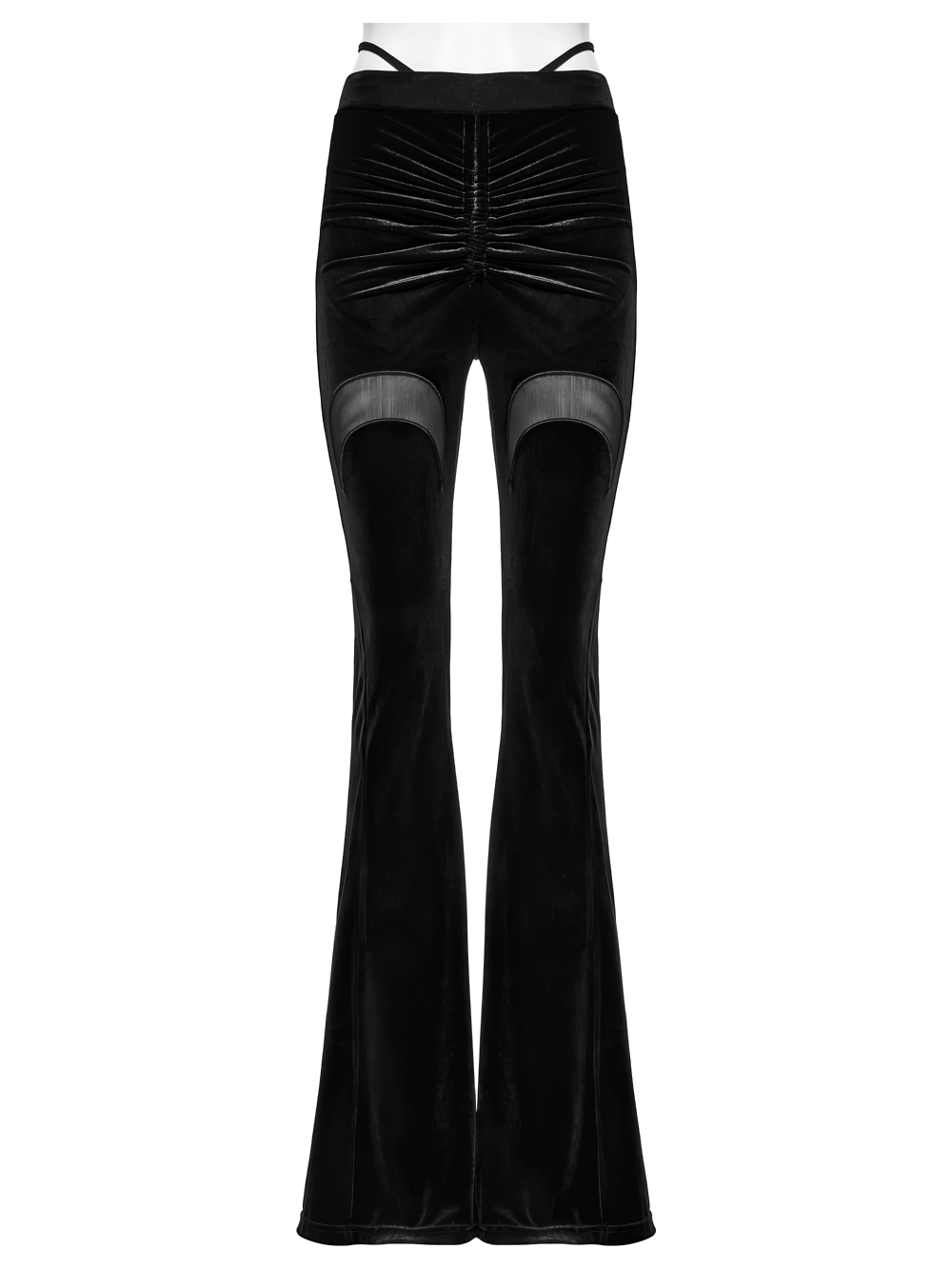 Gothic black velvet flared pants with mesh cutouts and ruched front detail for bold alternative fashion.