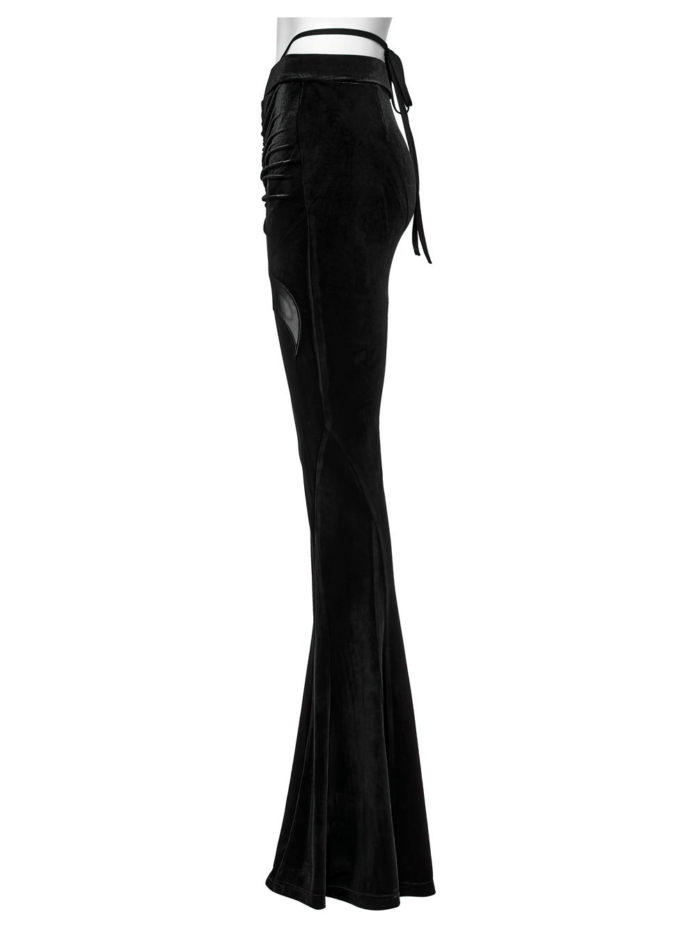 Side view of gothic black velvet flared pants with mesh cutouts and ruched front tie.
