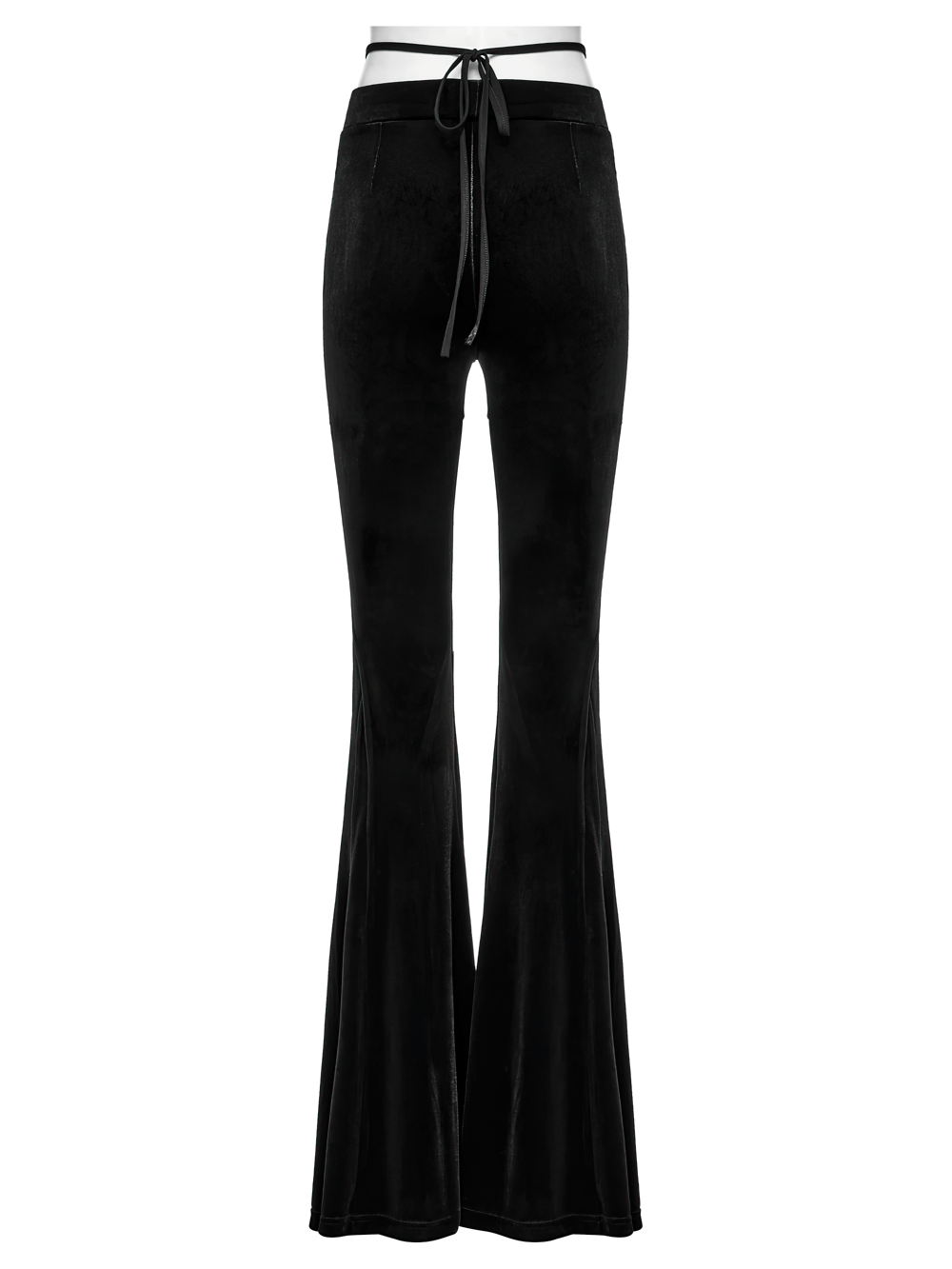 Gothic black velvet flared pants with mesh cutouts and ruched front, showcasing a stylish silhouette.