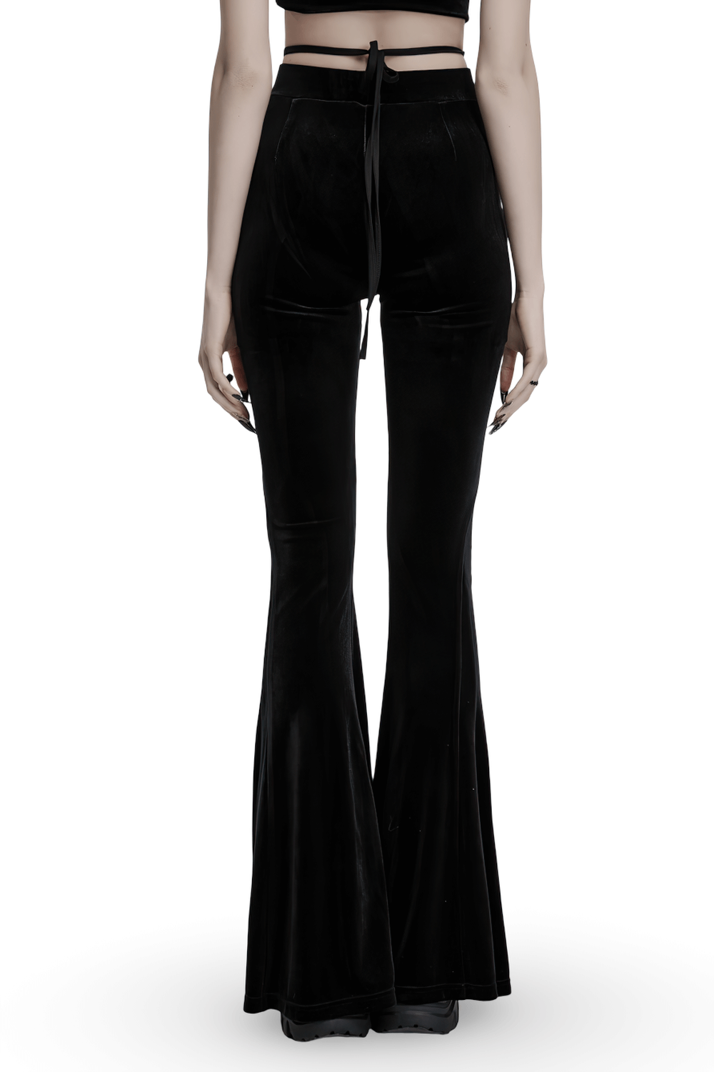 Back view of gothic black velvet flared pants with mesh cutouts and ruched front, perfect for alternative outfits.