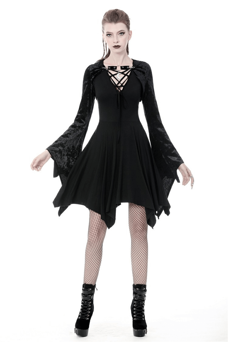 Gothic Black Velvet Hooded Cape with Moon Pendant