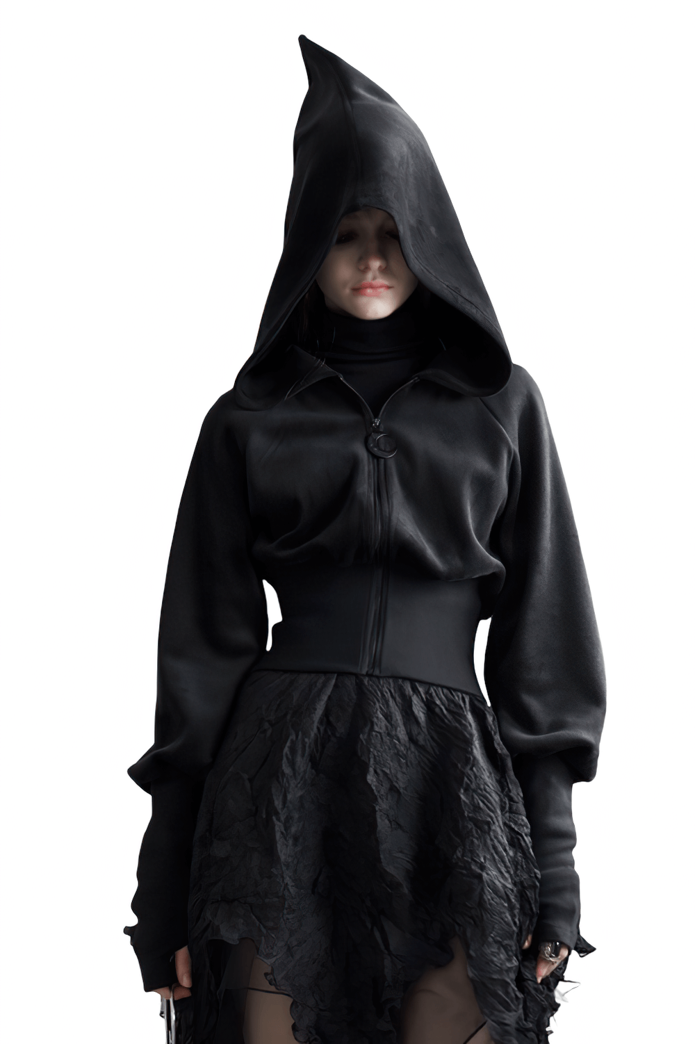 Gothic black velvet hoodie with pointed wizard hood and moon pendant detail, perfect for dark fashion enthusiasts.