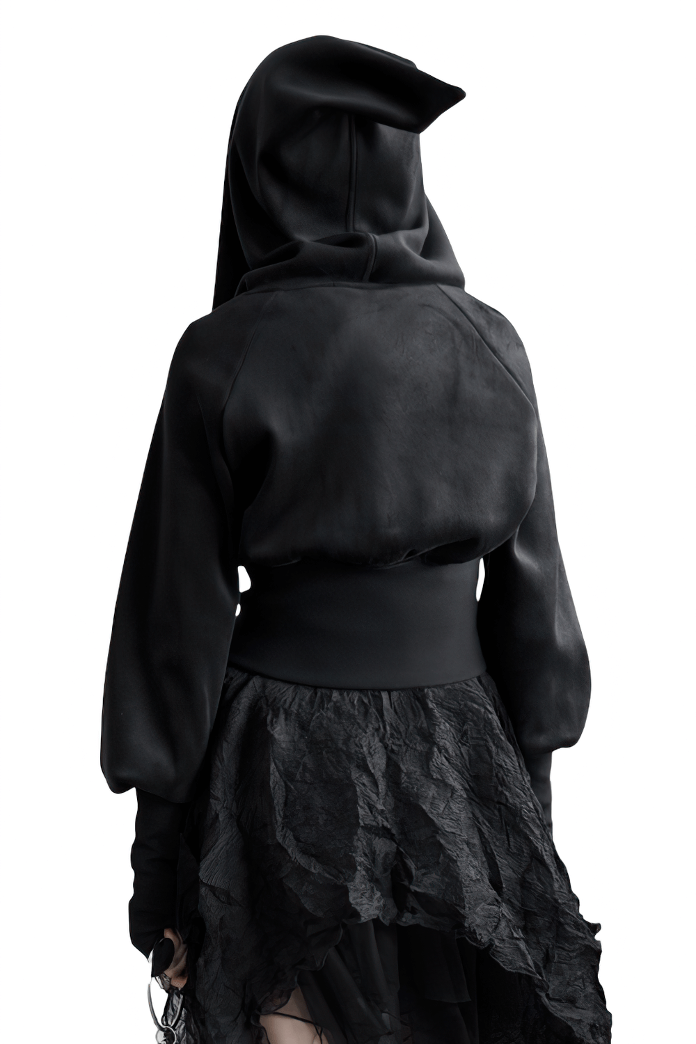 Back view of gothic black velvet hoodie with pointed wizard hood and textured skirt, showcasing its unique style.