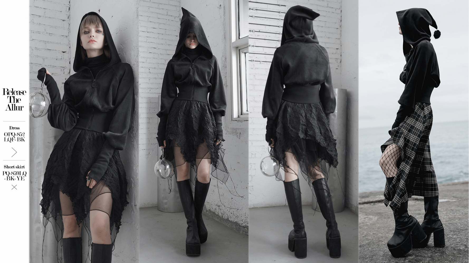 Gothic black velvet hoodie with pointed wizard hood and moon pendant, paired with stylish high boots.