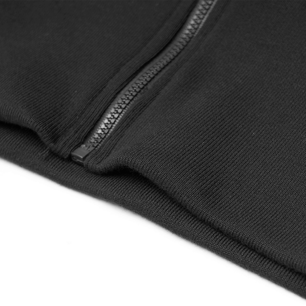 Close-up of a black velvet hoodie zipper, showcasing the sleek rubber design and dark fabric texture.