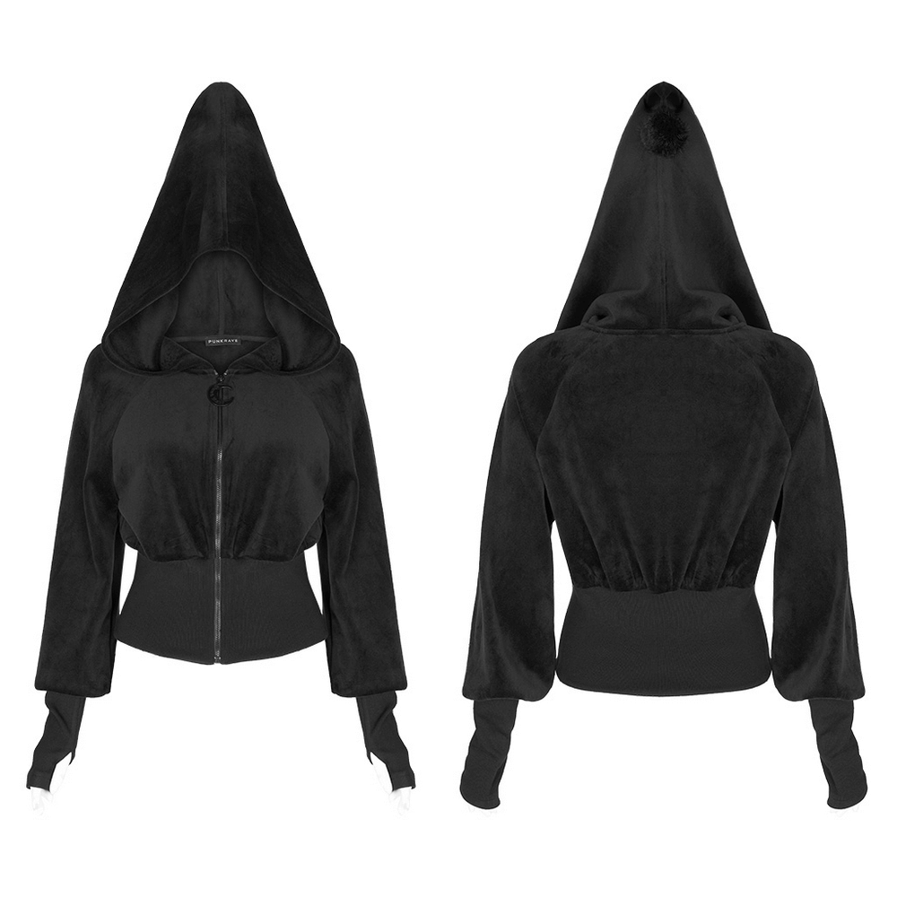 Gothic black velvet hoodie with wizard hood, moon pendant zipper, and thumb opening cuffs for a mystical vibe.