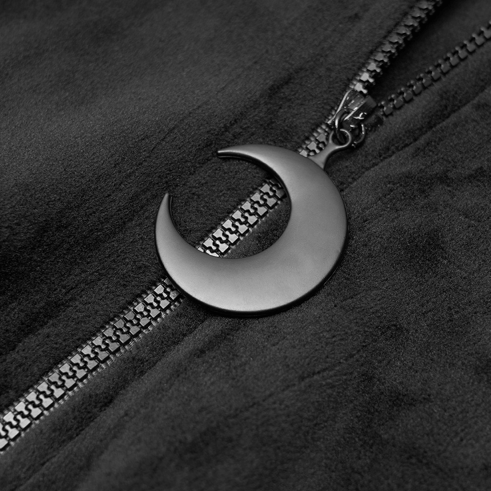 Close-up of a moon pendant zipper pull on a gothic black velvet hoodie, enhancing its mystical design.