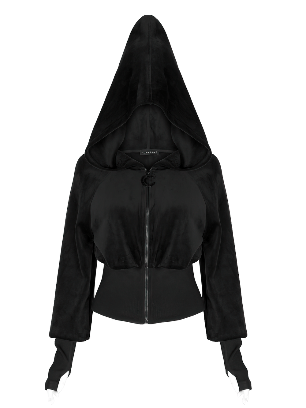 Gothic black velvet hoodie with pointed wizard hood and moon pendant, featuring a stylish waist-cinching design.