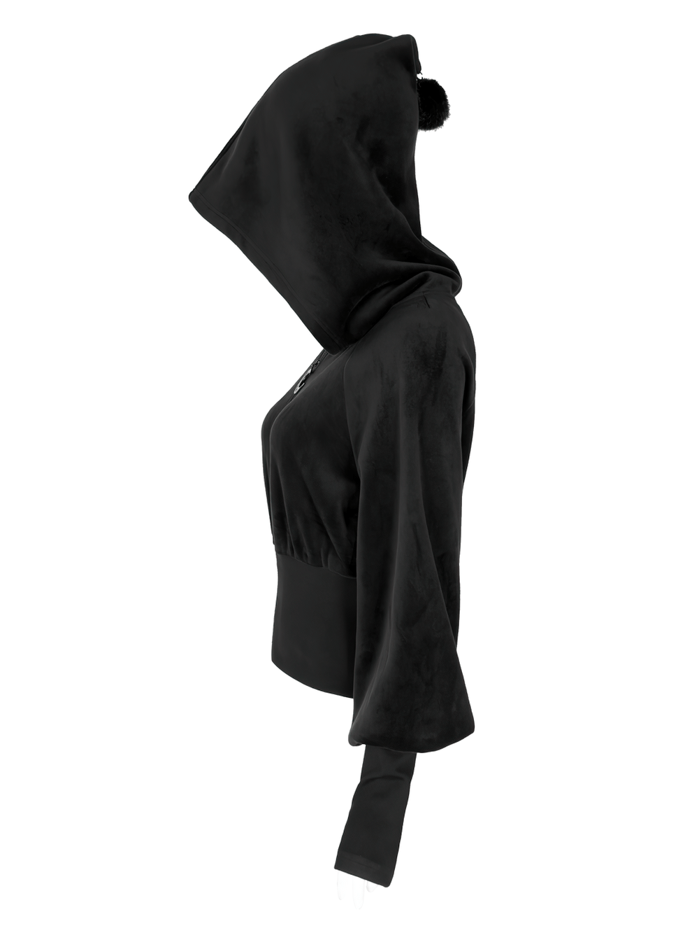 Side view of gothic black velvet hoodie with pointed wizard hood and detachable hairball accent.