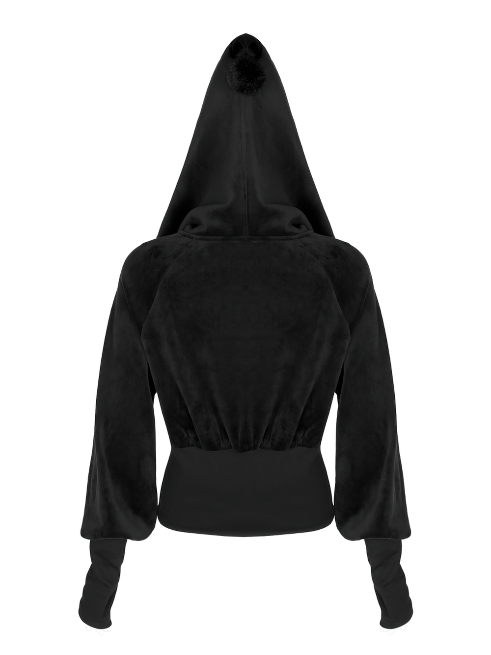 Gothic black velvet hoodie with wizard hood and detachable hairball accent, featuring a waist-cinching cut.