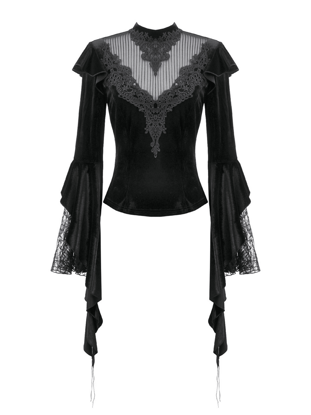 Gothic Black Velvet Lace Bell Sleeve Top for Women featuring illusion lace yoke and dramatic bell sleeves.
