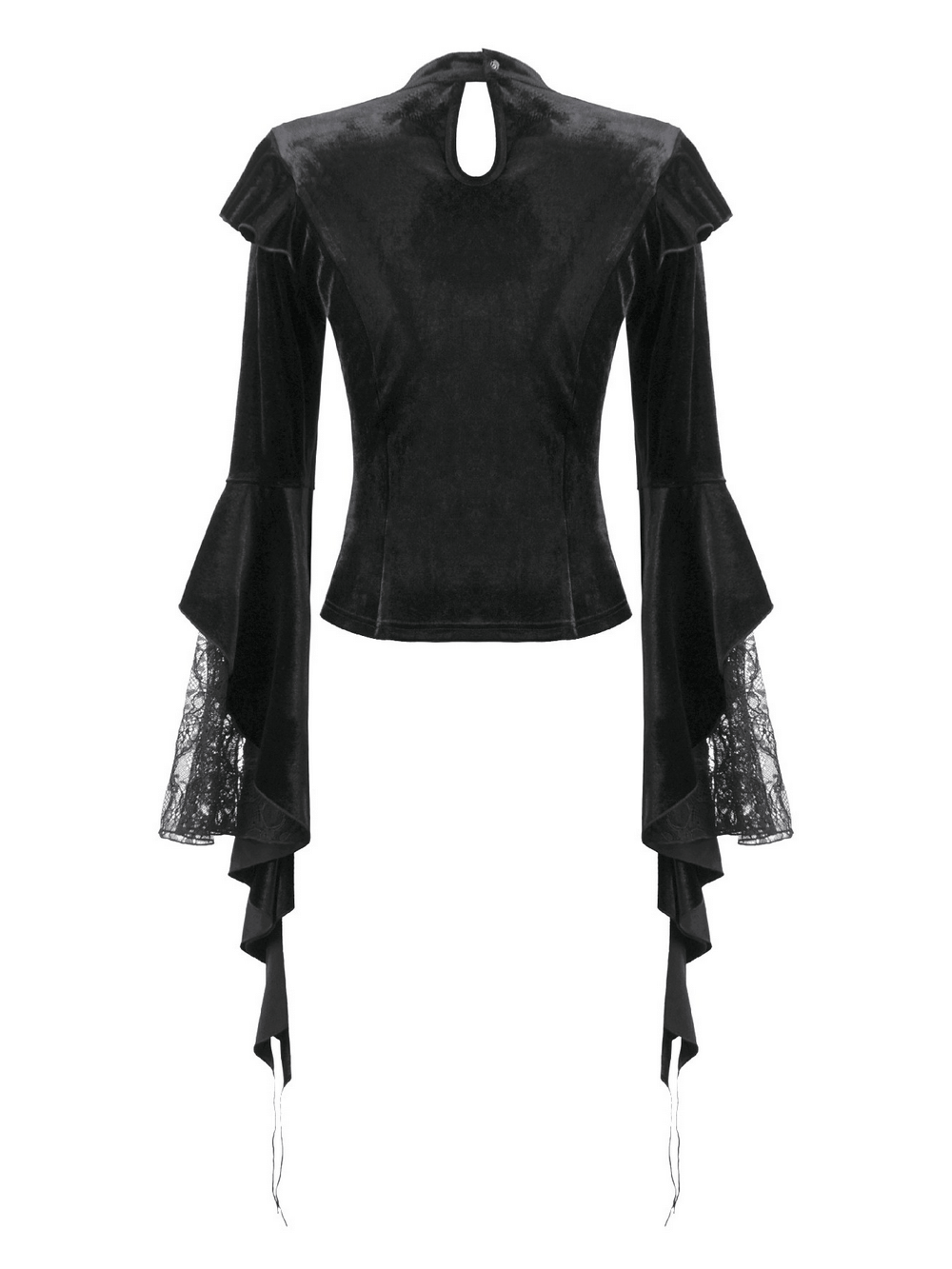 Gothic Black Velvet Lace Bell Sleeve Top for Women featuring lace-trimmed cuffs and keyhole closure for a chic look.