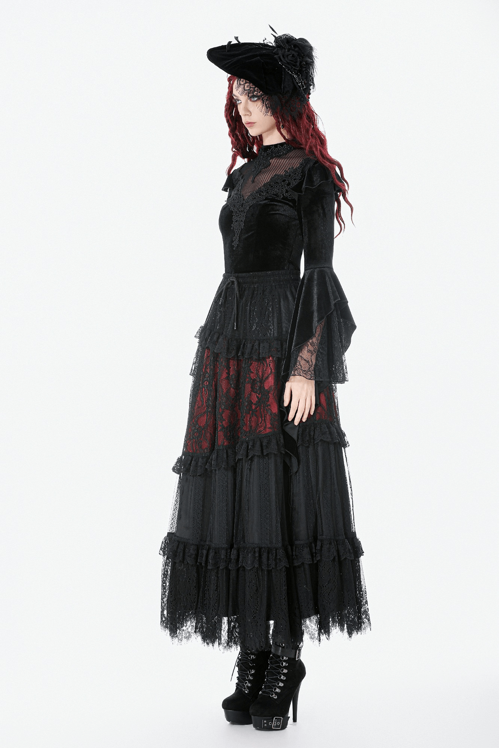 Gothic Black Velvet Lace Bell Sleeve Top for Women paired with a long lace-trimmed skirt and accessories.