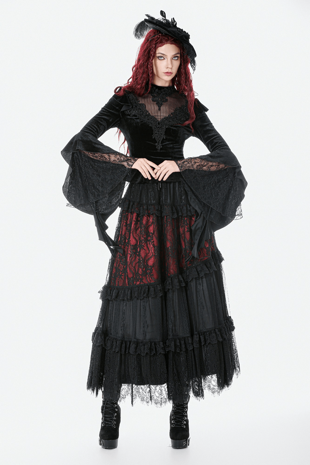Gothic Black Velvet Lace Bell Sleeve Top for Women styled with a dramatic black lace skirt and accessories in gothic fashion.