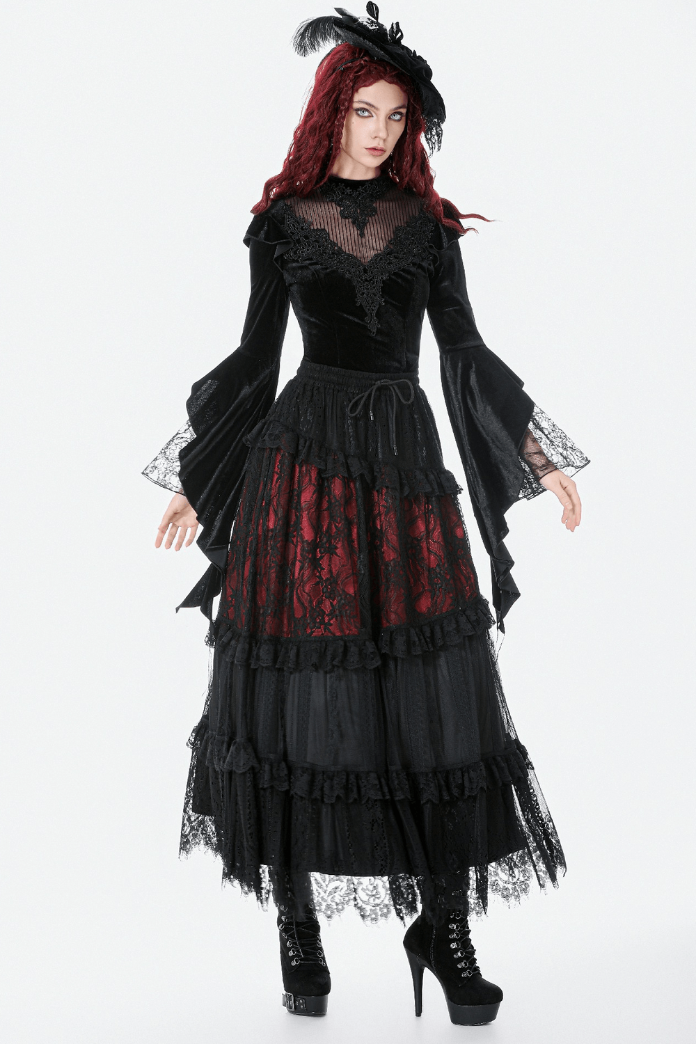 Gothic Black Velvet Lace Bell Sleeve Top for Women styled with a layered black lace skirt and dramatic bell sleeves.