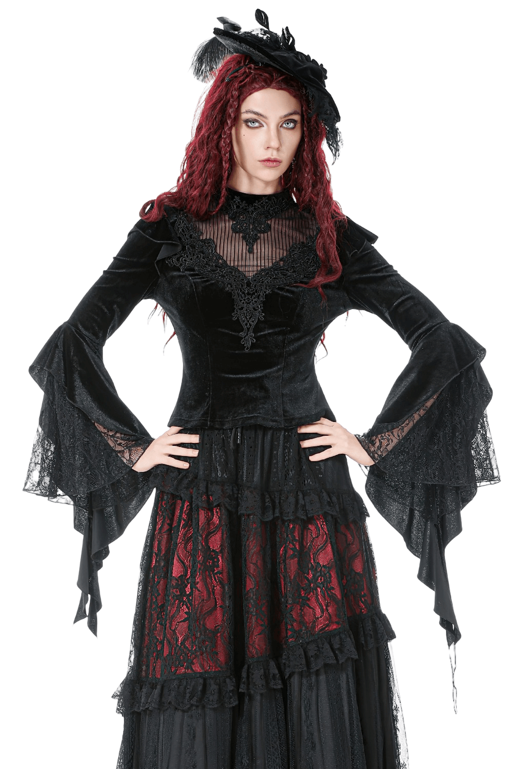 Gothic Black Velvet Lace Bell Sleeve Top for Women, featuring dramatic bell sleeves and lace yoke detail.